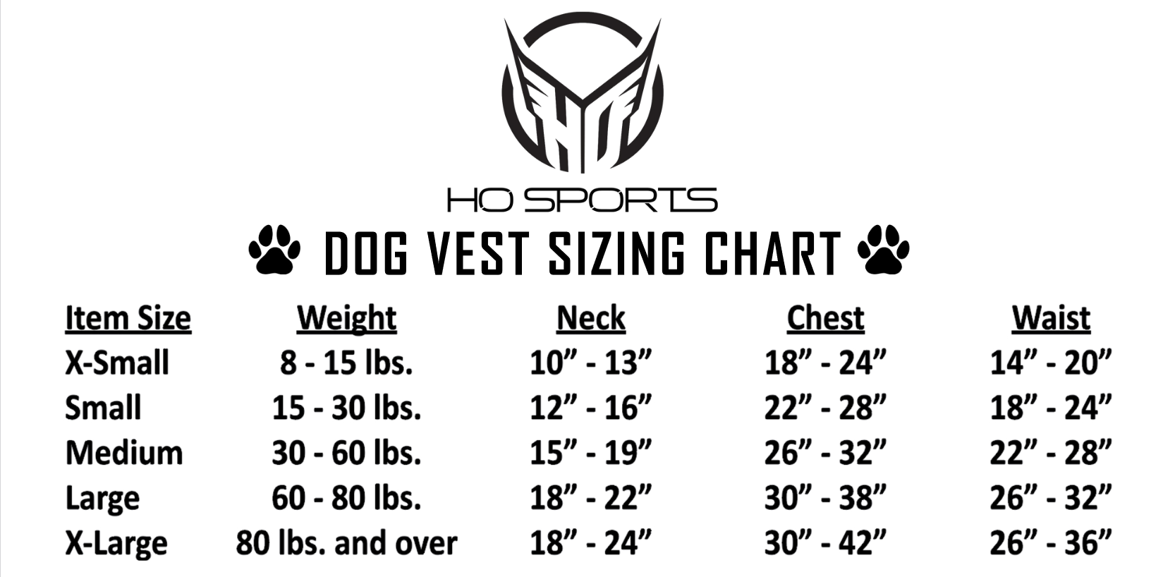 HO Sport Dog Vest 0 Tabla de Tallas